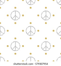 seamless silver glitter peace sign with gold dot glitter pattern background