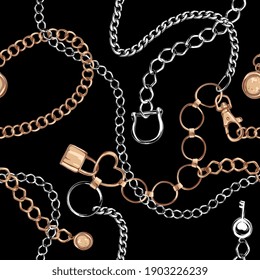 Seamless Silver And Gold Chain Laces Pattern Ob Black Background