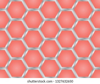 Seamless silver honeycomb pattern design with peach pink background. vector ilustration