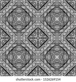 Seamless silver ornament. Quadrilateral elements. Black background.