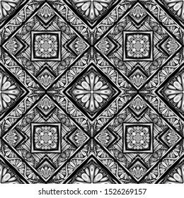 Seamless silver ornament. Quadrilateral elements. Black background.