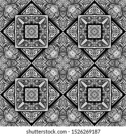 Seamless silver ornament. Quadrilateral elements. Black background.