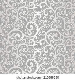 Seamless silver pattern with swirls stars and moon
