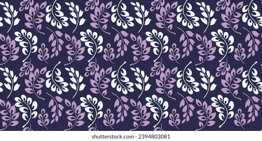 Seamless simple, abstract creative branches leaves pattern. Vector hand drawn sketch.  Retro monotone tiny leaf stems on a dark background. Design for fashion, fabric, wallpaper.