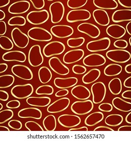 Seamless simple abstract texture with hand drawn golden cobblestones on dark red background; Vector doodle endless stone pattern for decor, fabric print, gift wrap, invitation, banner, wrapping paper