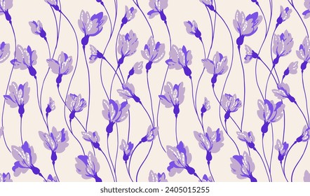 Seamless simple art internimed branches with creative flowers buds pattern. Vector hand drawn. Purple abstract ditsy floral on a light background. Design for fashion, textile, fabric, wallpaper