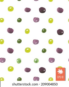 Seamless simple background drops of watercolor. Green and purple dots