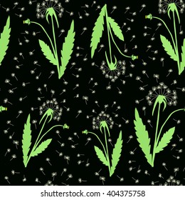 Seamless simple background with flying dandelion seeds.Beautiful background seamless pattern black with white flower dandelion fluff. Floral stylish trendy wallpaper.