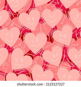 Seamless simple background with images of pink hearts (symbol of love) with emotions on red.