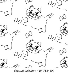 seamless simple black pattern, cat with bows, vector