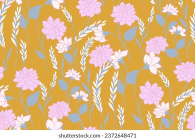 Seamless simple, branches, flowers leaves and buds pattern. Vector hand drawn abstract, artistic floral. Blooming spring or summer meadow print. Template for design, textile, fashion, fabric