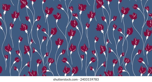 Seamless simple creative branches ditsy flowers intertwined in a pattern. Abstract cute floral printing on a blue background. Vector hand drawn sketch. Design for fashion, textile, fabric, wallpaper