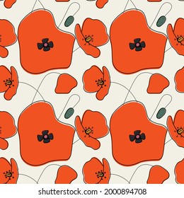 Seamless simple cute hand drawn pattern of large red poppies on light background.Endless floral ornament with wild flowers.Colourful backdrop for fabric,textile,linen,covers,wrapping,decoupage.Vector