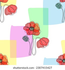 Seamless simple, cute pattern. A bouquet of poppies is drawn with one line. Transparent petals and transparent geometric shapes in the background. Great for fabrics, wallpapers, paper and backgrounds