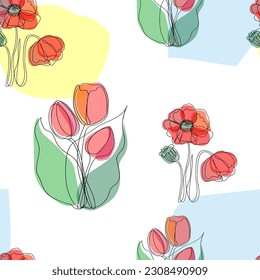 Seamless simple, cute pattern. Bouquet of poppies
 and a bouquet of tulips drawn in one line. Transparent petals and transparent geometric shapes in the background