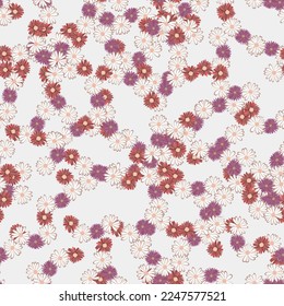 Seamless simple cute pattern from daisies on white background.Endless floral ornament with beautiful small rose, pink,  vinous and violet blossoms.Colourful backdrop for fabric,textile,linen.Vector