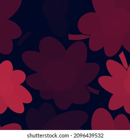 Seamless simple cute pattern of large red flowers on black background.Endless floral ornament  in scarlet and black with beautiful blossoms.Colourful backdrop for fabric,textile,linen,covers.Vector