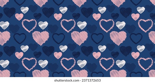 Seamless, simple, dark blue pattern with vector hand drawn hearts. Print with set texture heart silhouettes. Valentine, love background. Template for textile, fashion, print, surface design, paper