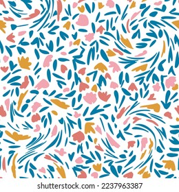 Seamless simple distorted floral pattern. Small curved wildflowers, daisies, plants, leaves and petals in simple sketch doodle flat manner. Minimal style. Modern nature motif for fashion design fabric