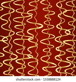 Seamless simple doodle texture with hand drawn abstract golden curves on dark red background; Vector endless wavy pattern with curves for decor, fabric print, gift wrap, invitations or wrapping paper