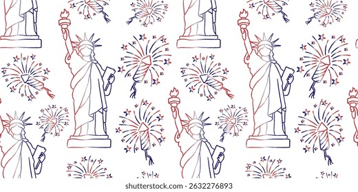 seamless simple drawn 4th of july pattern statue of liberty fireworks red blue white background flat illustration