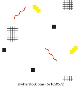 Seamless simple eighties pattern. Various shapes, waves, curvy lines boxes, zigzag, squares in red, yellow and black on white background. Memphis pattern.