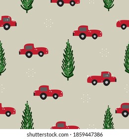 Seamless simple and elegant Christmas pattern background with tree,snow,car and star.Template for greeting ,congratulations,invitation card and wrapping.