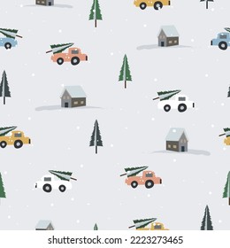 Seamless simple and elegant Christmas pattern background with tree,snow,car and star.Template for greeting ,congratulations,invitation card and wrapping.
