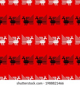 Seamless simple ethnical pattern. White and black decorative birds on a red background. Cross stitch pattern.