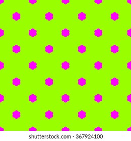 Seamless simple flat pattern with bright fuchsia pink spring flowers on a bright green background.