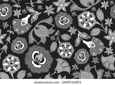 Seamless simple floral pattern. Repeating vector print with flowers drawn with white lines and  swirls on a black background. Apparel textile pattern.