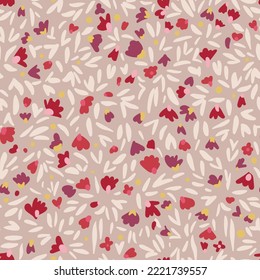 Seamless simple floral pattern. Small random wildflowers, daisies, plants, leaves and petals in simple sketch doodle flat manner. Minimal style. Summer nature motif for fashion design, fabric, textile
