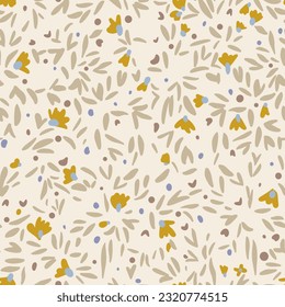 Seamless simple floral pattern. Small random wildflowers, daisies, plants, leaves and petals in simple sketch doodle flat manner. Minimal style. Summer nature motif for fashion design, fabric, textile