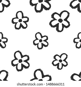 Seamless with simple flower. Black elements on white background. Woman textile design. Vector illustration. Girl power concept.
