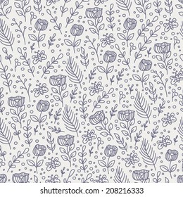 Seamless Simple Flowers Pattern / Vector illustration of simple flowers, plants, flies and bees. Doodled and hand drawn.