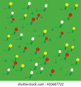 Seamless simple flowers patterns isometric view. Meadow with flowers tulip, chamomile and grass. Vector illustration.