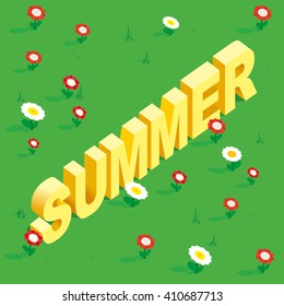 Seamless simple flowers patterns. Word Summer written in the isometric view. Meadow with flowers tulip, chamomile and grass. Vector illustration.