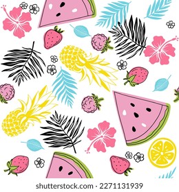 Seamless simple fruits, berries and simple flowers and leaves. Bright summer illustration isolated on white background