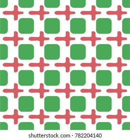 Seamless simple geometric pattern, texture. Green squares and red crosses on a transparent background