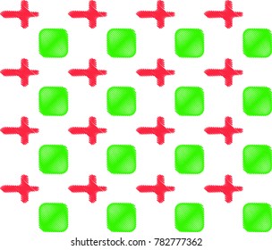 Seamless simple geometric pattern, texture. Green squares and red crosses on a transparent background