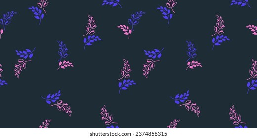 Seamless simple minimalistic modern pattern. Colorful abstract cute branches, leaves on a black background. Vector hand drawn. Template for design, fabric, textile, fabric, wallpaper, surface design