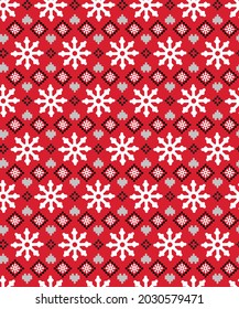 Seamless simple nordic Xmas pattern. Ugly sweater Merry Christmas party ornament. Vector illustration Handmade knitted background tile pattern with snowflake, Scandinavian ornament. 