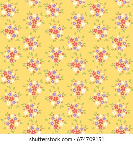 Seamless simple ornament with red, white and violet flowers on yellow background