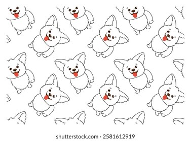 Seamless simple pattern with adorable corgi puppy - character with happy faces. Vector pattern for fabric, cover, wrapping paper.