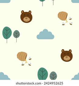 Seamless simple pattern of bear and bees with cloud and trees element.