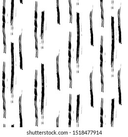 Seamless simple pattern of black and grey hand drawn brush strokes for textile, fabric. Vertical black stripes on a white background. Vector abstract background.