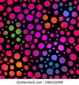 Seamless simple pattern. Bright colored round spots on a black background. 