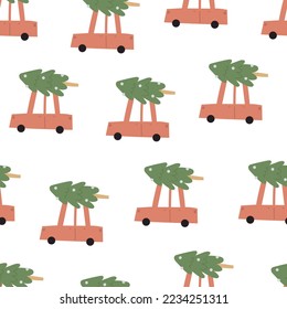Seamless simple pattern with cartoon cars, christmas trees, decor elements. colorful vector. flat hand drawing. Baby design for fabric, print, gift wrapper.