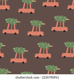 Patrón simple sin inconvenientes con caricaturas, árboles de navidad, elementos decorativos. vector colorido. dibujo a mano plana. Diseño de bebé para tela, impresión, envoltura de regalo.