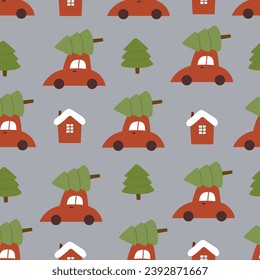 Seamless simple pattern with cartoon cars, christmas trees, decor elements. colorful vector. flat hand drawing. Baby design for fabric, print, gift wrapper.